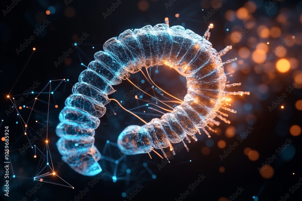 Poster an artistic representation of a segmented, glowing worm-like entity floating gracefully, evoking mys