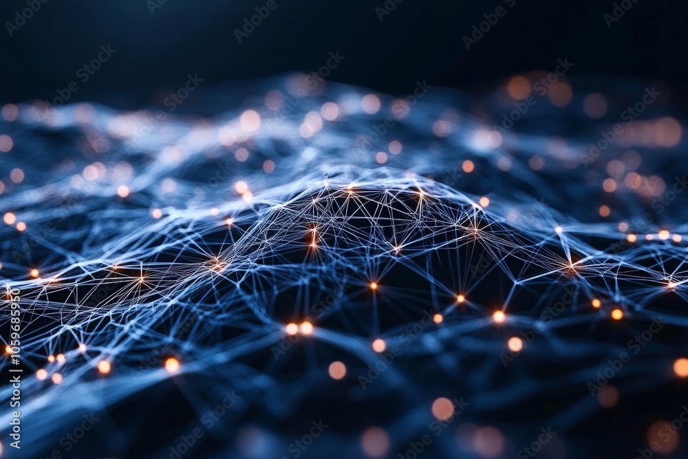 Poster a conceptual abstract representation of a digital network with countless interlinked blue nodes, ide