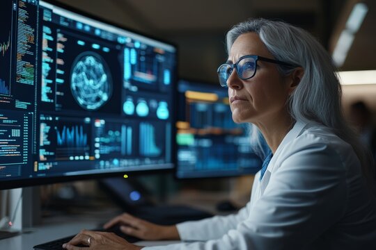 A dedicated scientist in a lab coat and glasses intensely studies complex data on multiple computer screens, highlighting research and technological advancement.