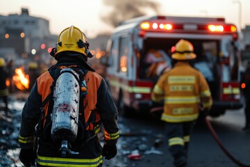 Trained firefighters handle a fire emergency with urgency and precision, highlighting their dedication and teamwork amid smoke and flashing emergency lights.