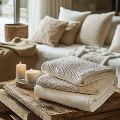 Cozy bedroom scene with folded towels and lit candles on a rustic wooden table, evoking calm