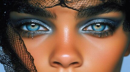 Close-up of woman with netting and glittery eye makeup