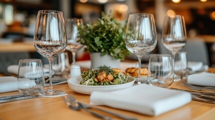 Fototapeta premium A beautifully set table in a restaurant with a salad, wine glasses, and napkins.