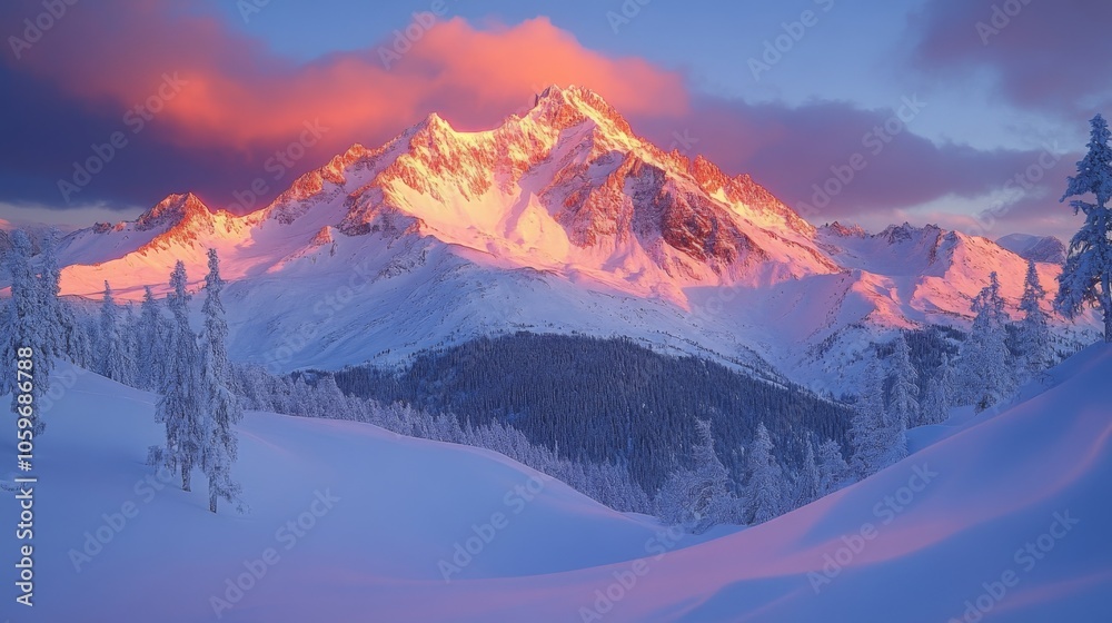 Aufkleber the sun sets behind towering snow-capped mountains, casting a warm glow on the peaks. the scene feat