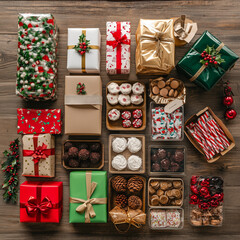 Festive Christmas gifts and holiday treats arranged on a rustic wooden surface, viewed from above