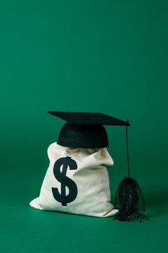 a money sack with a graduate cap on top