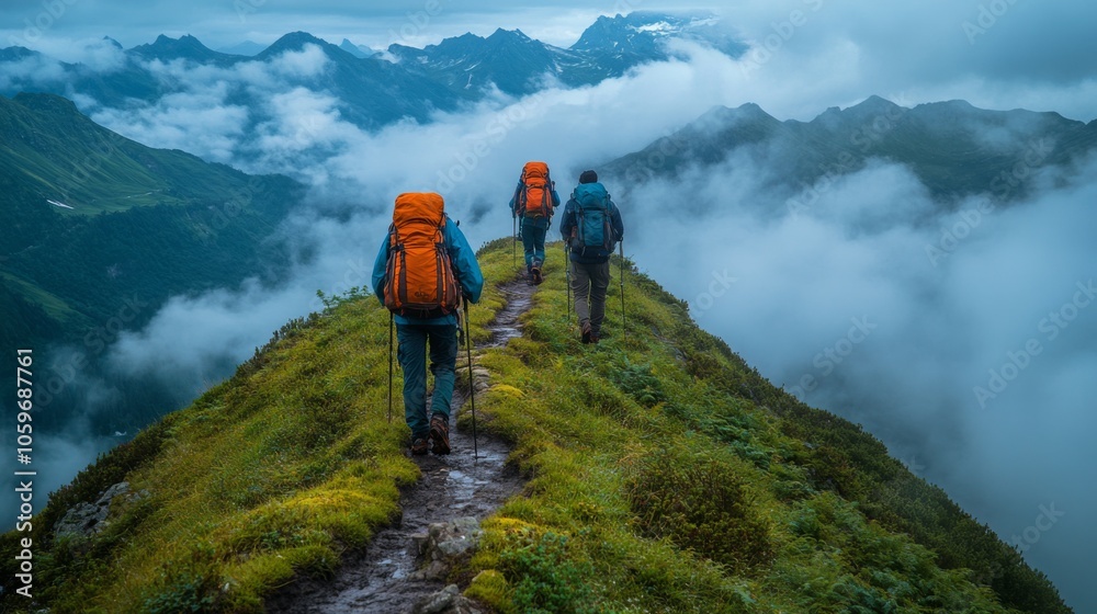 Aufkleber three hikers navigate a narrow trail on a mountain ridge with vibrant greenery and clouds below, exp