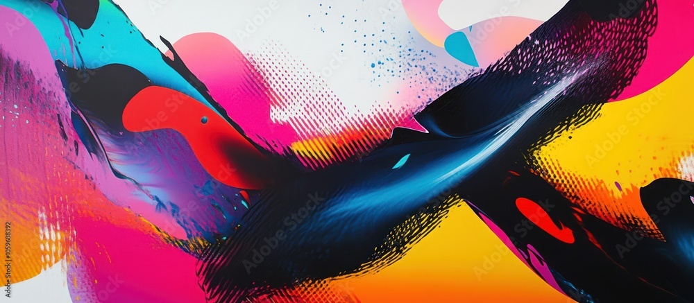 Wall mural abstract art with vibrant colors and dynamic shapes.