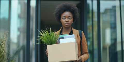 Sad African American employee holding a paper box with personal belongings and leaving office after...