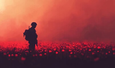 Fototapeta premium Soldier silhouette with a red poppy field in vector design, offering a touching Memorial Day image of remembrance