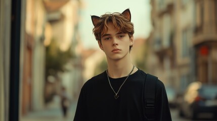 Fototapeta premium Teenage boy with cat features walks confidently down a city street exploring therian lifestyle and social media culture