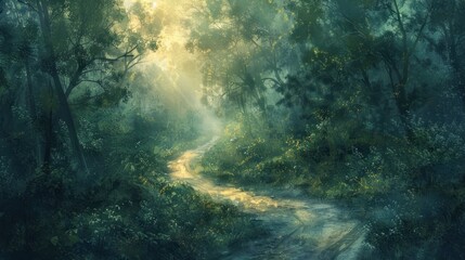 Fototapeta premium Enchanting wooded path leading through a lush verdant forest bathed in warm golden sunlight and natural beauty The scene exudes a sense of tranquility solitude and wonder