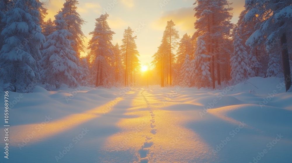Poster morning light breaks through tall evergreen trees, illuminating a snowy path that leads deeper into 