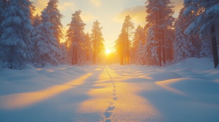 Morning light breaks through tall evergreen trees, illuminating a snowy path that leads deeper into the forest, evoking a peaceful, wintry atmosphere.