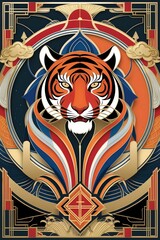 Fototapeta premium Vibrant Stylized Tiger: A Fusion of Chinese Zodiac and Art Deco, Perfect for Playing Cards and Tarot