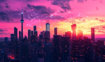 Naklejka premium Stunning city skyline at sunset with vibrant colors and a futuristic digital network overlay, symbolizing innovation and connectivity