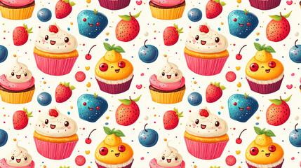 Seamless pattern of playful dessert characters with vibrant colors perfect for children s products and packaging