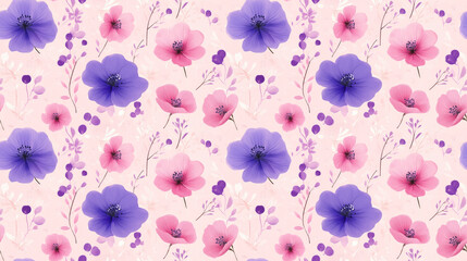 Cute purple flowers on a pink pastel seamless pattern ideal for wallpaper or fabric design