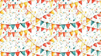 Seamless watercolor pattern featuring vibrant yellow red and green flags and confetti on a rope garland ideal for festive greetings invitations and decor