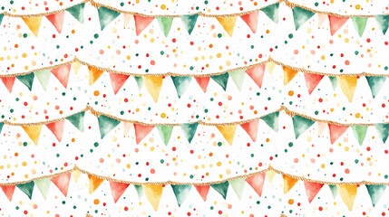 Fototapeta premium Seamless watercolor pattern featuring vibrant yellow red and green flags and confetti on a rope garland ideal for festive greetings invitations and decor