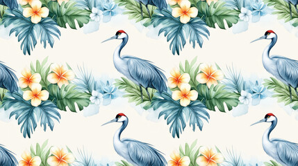 Obraz premium Colorful watercolor seamless pattern featuring plumeria and vibrant blue exotic flowers alongside grey crowned crane birds and lush tropical leaves