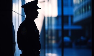 striking silhouette of police officer on patrol, blending technology and tradition, symbolizes safety and vigilance in modern world