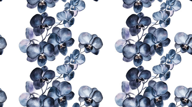 Seamless watercolor pattern featuring an elegant photo frame adorned with black orchids perfect for adding personalized text