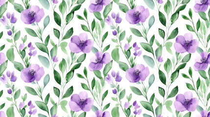 Fototapeta premium Watercolor floral pattern in green and violet hues seamless design for romantic web pages and wedding invitations textile wallpaper