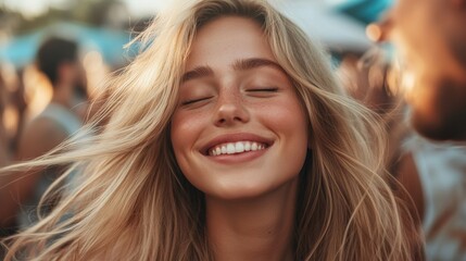 Fototapeta premium Amidst a bustling festival, a blonde-haired young woman wears bikini and smiles warmly, with the blurred crowd and lights heightening the lively atmosphere.
