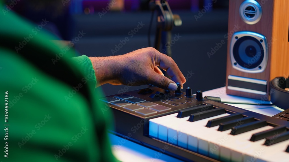 Poster music engineer producing song by mixing and mastering tunes on audio console, playing piano notes on
