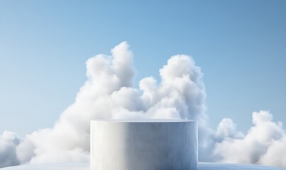 the podium covered in clouds rises above white clouds against a clear blue sky