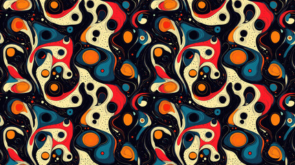 Naklejka premium Seamless abstract pattern featuring quirky shapes and vibrant colors perfect for textiles or wallpaper design