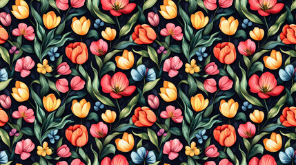 Seamless paisley watercolor floral pattern featuring tulips and leaves ideal for ceramic designs and textiles vibrant traditional Indian artistry