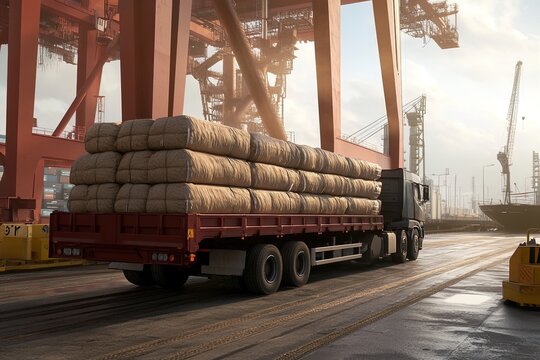 A Truck Loaded With Wrapped Cargo is Parked at a Busy Shipping Port During Golden Hour Light