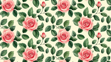 Naklejka premium Seamless floral pattern featuring pink rose branches and lush green leaves ideal for wedding invitations and greeting cards