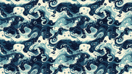 Fototapeta premium Seamless azure organic pattern depicting fluid sea elements swirl bubble concept with navy underwater mandala design