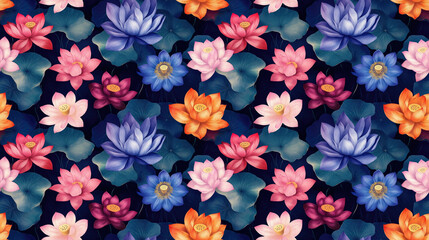 Fototapeta premium Seamless pattern featuring elegant lotus flowers in vibrant colors perfect for textile design and home decor