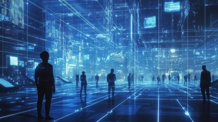 Obraz premium Silhouettes of people standing in a futuristic digital landscape with glowing blue lines and screens.