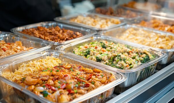 To go plastic containers hold many prepared entrees ready for takeout in a restaurant