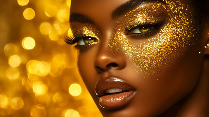 Close-Up Portrait of a Woman with Golden Glitter Makeup