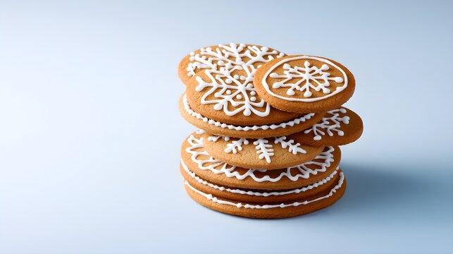 A stack of perfectly shaped gingerbread cookies, featuring a variety of festive designs, centered on a light pastel blue background. Gentle lighting for a fresh look