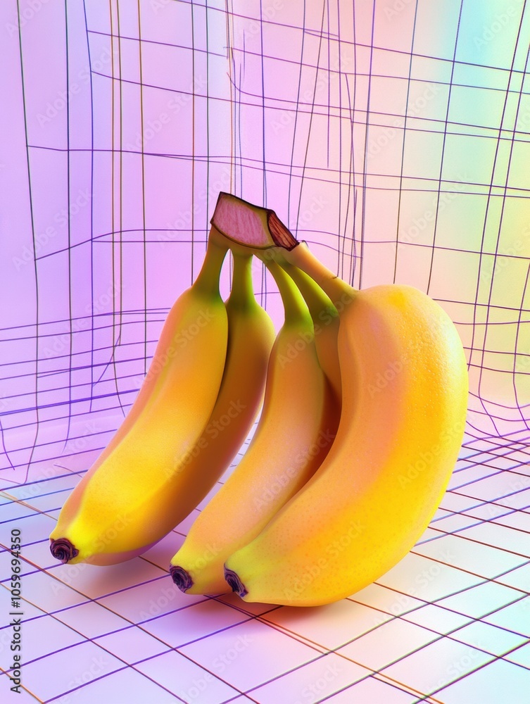 Poster three fresh bananas are displayed prominently against a colorful backdrop of abstract geometric desi