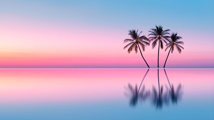 Obraz premium Abstract composition of palm tree silhouettes at dusk, tropical sunset blending into the sea, vibrant colors melting into the horizon