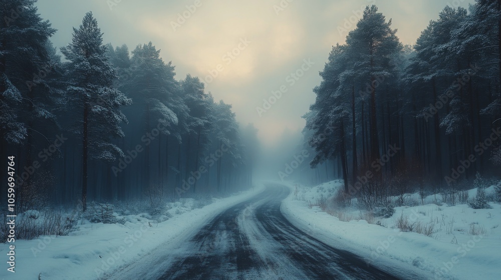 Poster the road curves gently through a tranquil, snow-covered forest. tall evergreen trees stand shrouded 