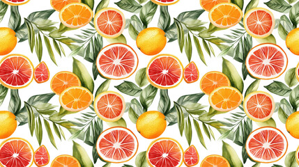 Obraz premium Watercolor seamless pattern featuring tropical leaves and vibrant citrus fruits perfect for fashion and botanical design