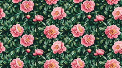 Watercolor pink peonies and lush green leaves in a seamless pattern perfect for fabric wallpaper and wrapping designs