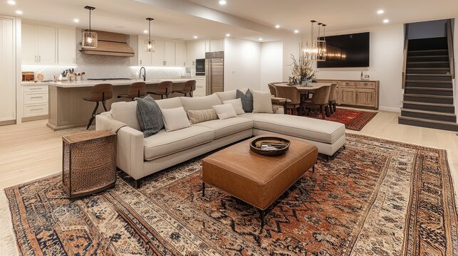 Modern Open-Concept Living Room with Stylish Furniture and Elegant Lighting in a Contemporary Home Interior Design