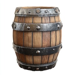 Obraz premium Rustic Wooden Barrel with Metal Bands Isolated on White Background for Vintage and Industrial Design Concepts