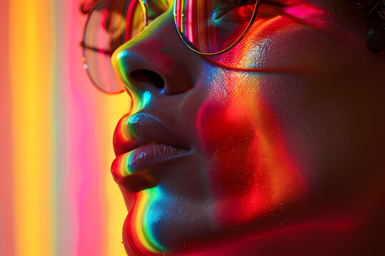 A close-up of a young male model with curly hair, showcasing vibrant rainbow reflections on his face, exuding artistry and modern style.