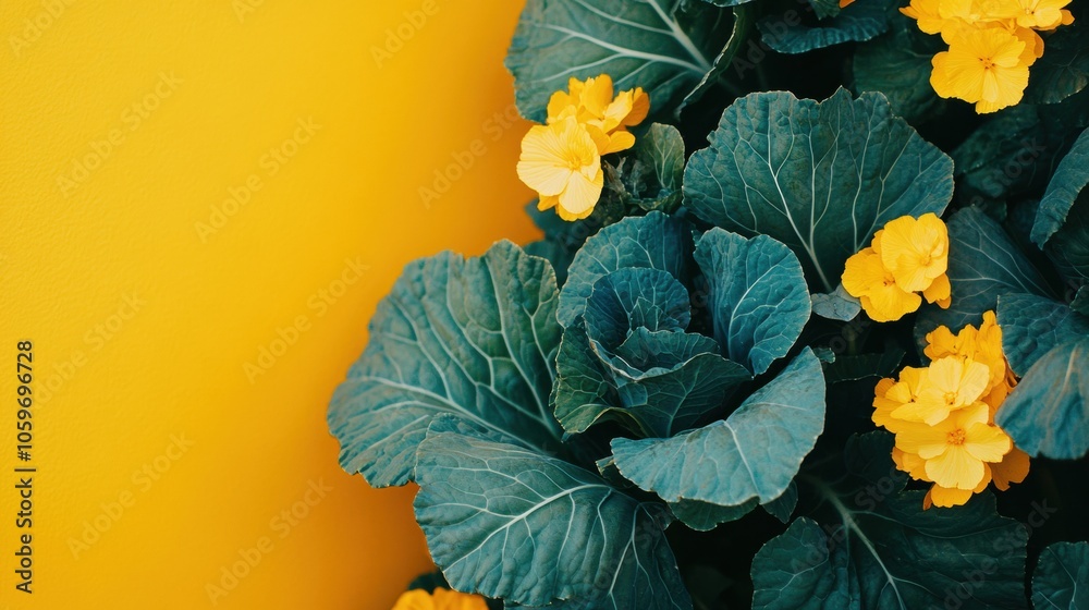 Poster bright yellow flowers bloom from lush green cabbage leaves, creating a colorful display in a garden 